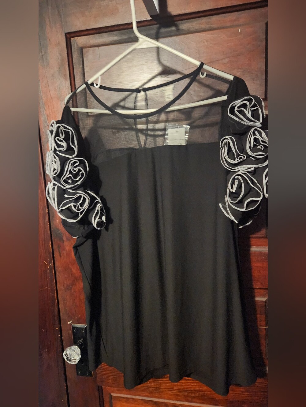 Cato Black Long-Sleeve Dress with White-Trim Floral Sleeves